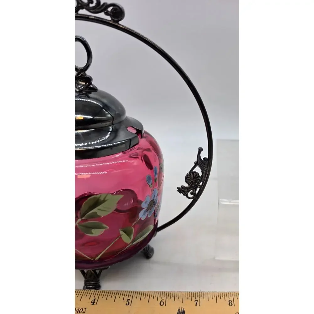 VICTORIAN CRANBERRY IVT DECORATED PICKLE CASTOR FLORAL & LEAF DECORATION